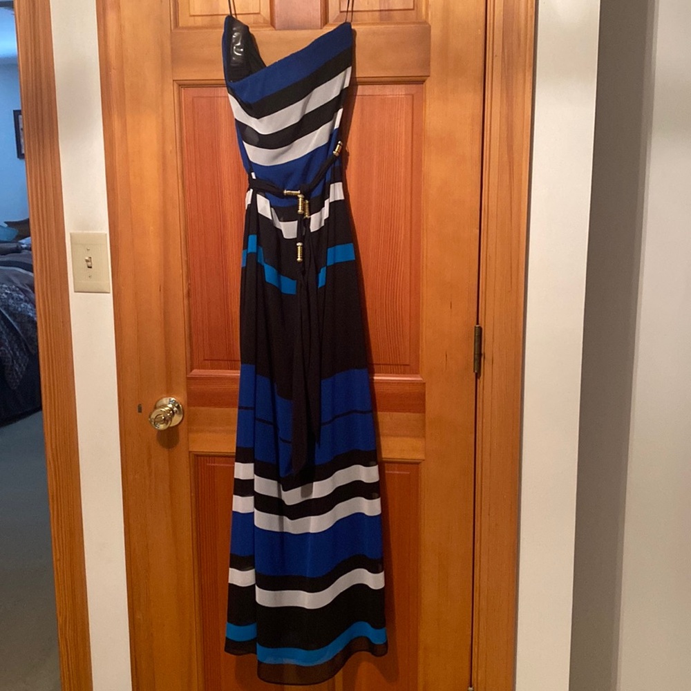 Cache blue, white and black striped strapless maxi with black and gold tie belt